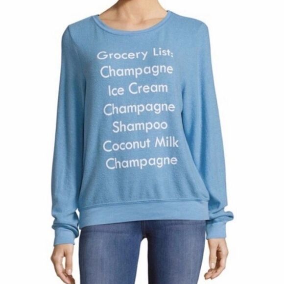 WILDFOX sweatshirt champagne grocery list oversized BBJ fuzzy‎ crew neck XS - Picture 1 of 9